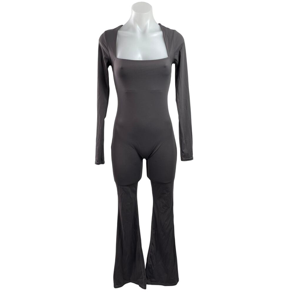 NEW Qinsen Black Long Sleeve Square Neck Wide Leg Bodycon Romper Jumpsuit Size M